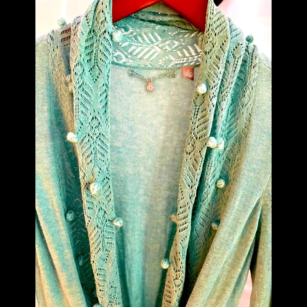 Anthropologie Light Turquoise/Aqua Color Boho Cardigan - Picture 3 of 12